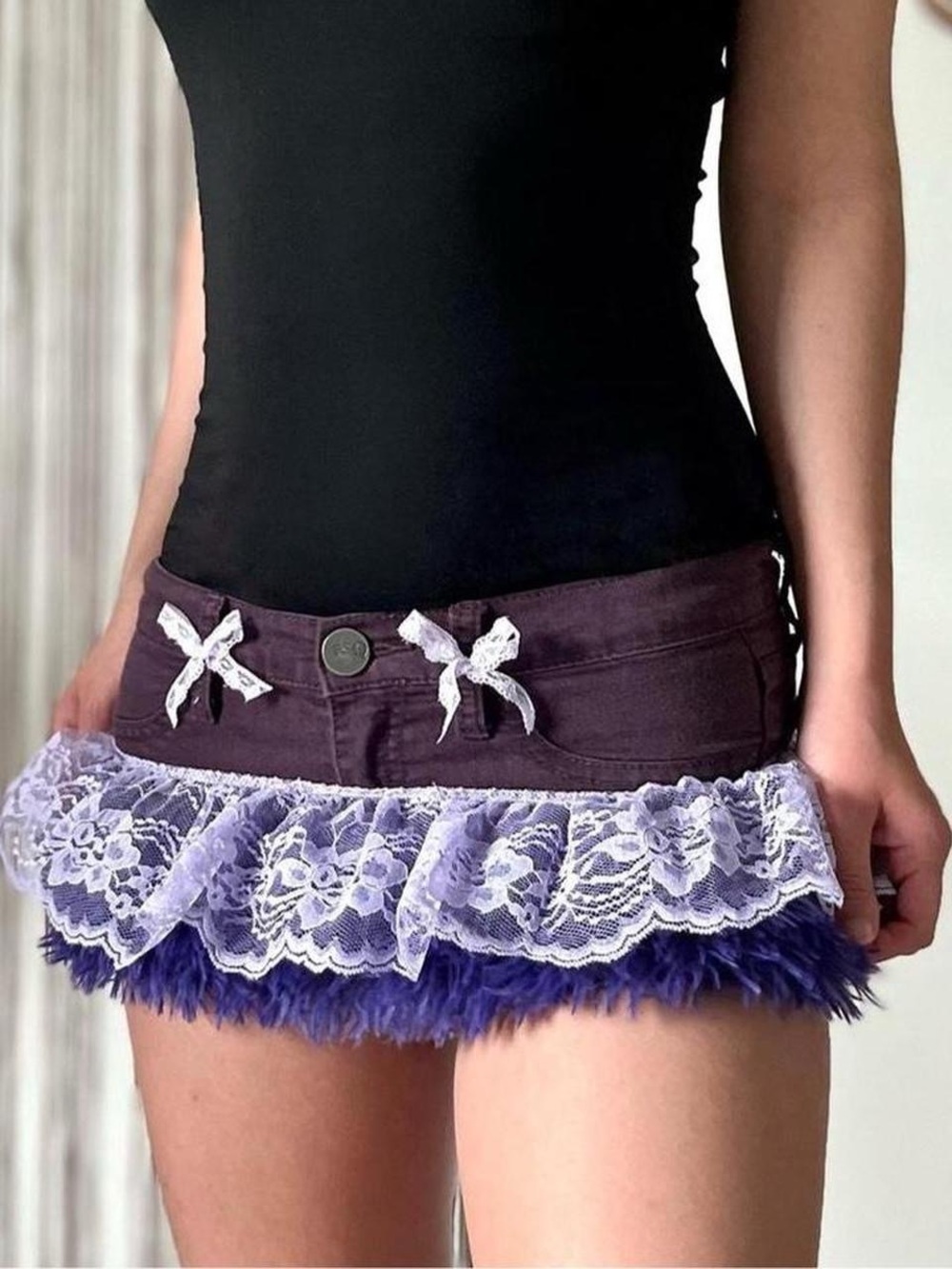 purple fur mini skirt with lace and bows